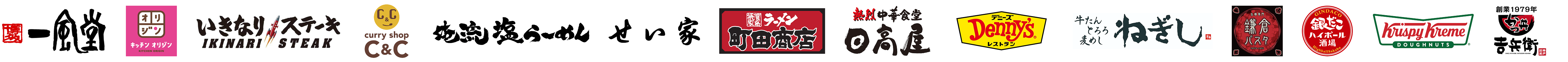 一風堂、キッチンオリジン、いきなりステーキ、カレーショップ C&C、俺流塩らーめん、らーめん せい家、横浜家系ラーメン 町田商店、熱烈中華食堂 日高屋、デニーズ、牛たんとろろ麦めし ねぎし、生麺専門 鎌倉パスタ、銀だこハイボール酒場、クリスピー・クリーム・ドーナツ、かつ丼吉兵衛